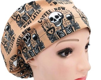 Funny Skeletons Scrub Hat: Coffee Now Wine Later, Novelty Surgical Cap