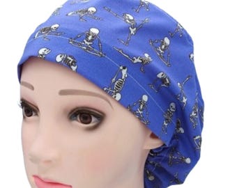 Skeletons Women&#39;s Euro Style, Yoga Scrub Caps, Funny Operating Room Hats, Men&#39;s Tie Back, Surgical Caps, Skeletons on Purple Head Cover