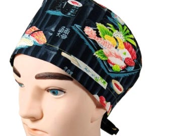 Sushi heren scrubmuts, nieuwigheid scrubmuts, chemomuts, theaterpet, koksmuts, cadeau radiologie, sushi op zwarte bamboe