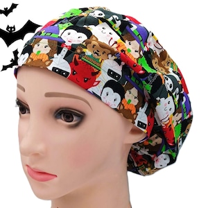 Halloween Scrub Cap: Little Monsters Print, Euro or Tie Back Style