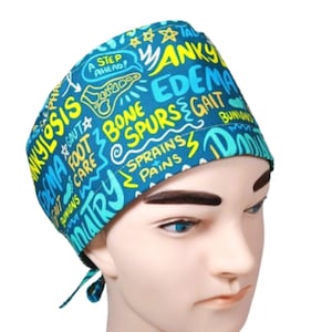 Podiatry Scrub Hat, Feet Scrub Cap, Men&#39;s Tie Back, Women&#39;s Euro Style, OR Hats, Podiatry Gift, Podiatry Scribbles on Blue, Novelty, Surgery