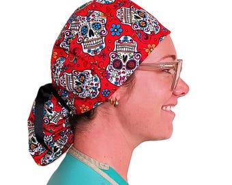 Ponytail Scrub Hats, Sugar Skulls on Red, OR Caps with Ribbons
