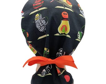 Funny Halloween Scrub Hats, Fall Ponytail Cap, Avocados Wearing Costumes