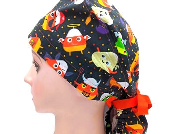 Funny Fall Scrub Hats, Halloween Ponytail Hat, Candy Corns