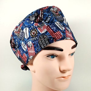 US Navy Men&#39;s Scrub Hat, Women&#39;s Euro Cap, Military Surgical Scrub Caps, Navy Dog Tags, Men&#39;s Tie Back , Operating Room, Chemo Cap