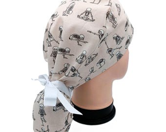 Yoga Skeletons Ponytail Scrub Hat, Halloween Medical Cap