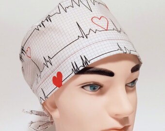 EKG Heartbeats on White Men's Tie Back or Women's Euro Style Novelty Surgical Scrub Cap/CRNA Hat