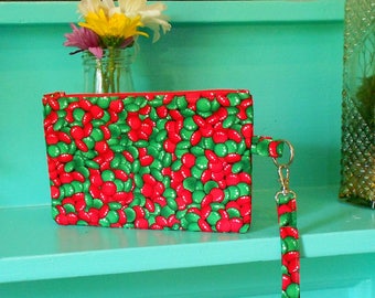 Christmas Red & Green Candies Novelty Detachable Zippered Fabric Wristlet/Small Purse/Pouch for Women/Girls
