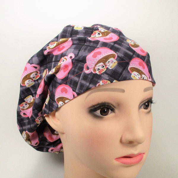 Hot Cocoa & Marshmallows in Pink Cups Novelty Winter Women's Euro Style or Men's Tie Back Surgical Scrub Cap/Chemo Cap