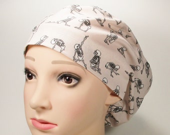 Skeletons Doing Yoga on Beige (small scale) Women's Euro Style or Men's Tie Back Novelty Surgical Scrub Cap/Chemo Cap