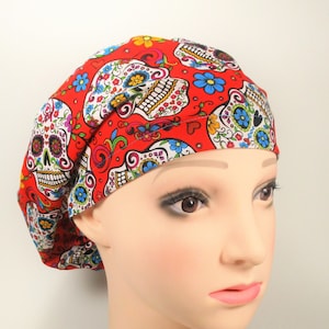 Sugar Skulls on Red Women's Euro Style or Men's Tie Back Surgical Scrub Cap/Cooks Hat/Chemo Cap