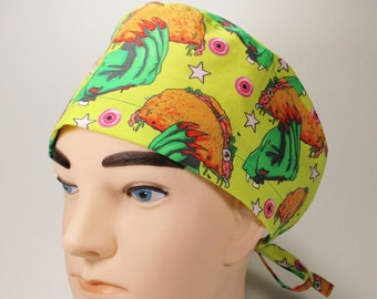 Zombie Hands Holding Tacos on Yellow Men's Tie Back or Women's Euro Style Novelty Surgical Scrub Cap/Cooks Hat/Chemo Cap