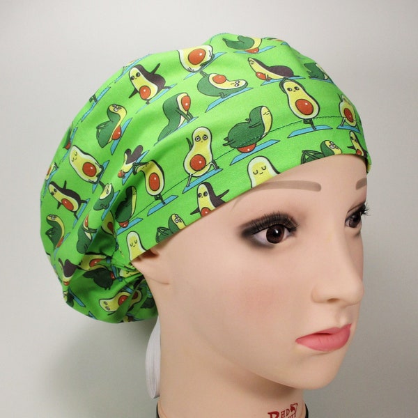 Avocados Doing Yoga on Green Novelty Women's Euro Style or Men's Tie Back Surgical Scrub Cap/Chemo Cap/Cooks Hat