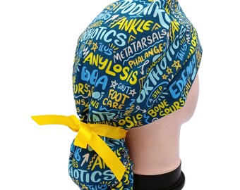 Podiatry Ponytail Scrub Hat, Surgical Cap, Foot Ankle Print