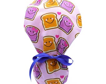 Peanut Butter & Jelly Ponytail Scrub Hat, Novelty Surgical Cap with Ribbons