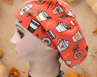Fall Women&#39;s Euro Caps, Pumpkin Scrub Cap,  Coffee Hats, Pumpkin Spice Lattes on Orange, Healthcare, Novelty Scrub Hats, Men&#39;s Tie Back