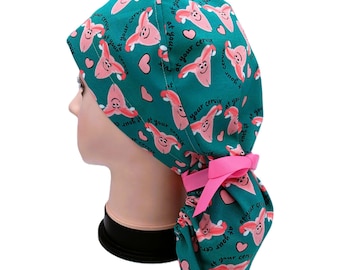 Labor and Delivery Ponytail Cap, Women's Scrub Hat with Ribbons, At Your Cervix, OB/Gyn Surgical Ponytail Hat