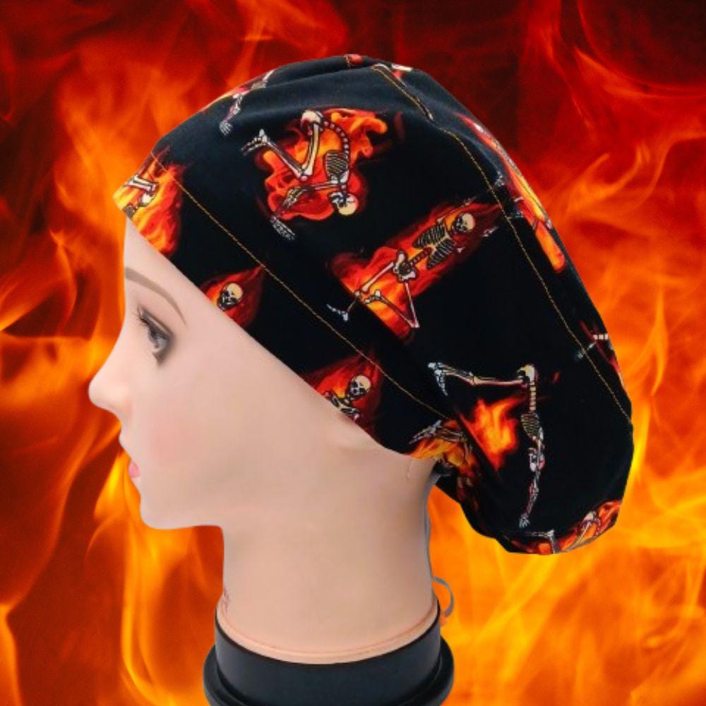 Women's Euro Caps, Skeletons Novelty Scrub Cap, Skeletons Doing Hot Yoga on Black, Men's Scrub Hat, Steampunk, Yoga Cap, Halloween Hats
