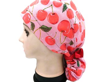 Cherries Ponytail Scrub Hat, Spring OR Cap, Summer Medical Hat