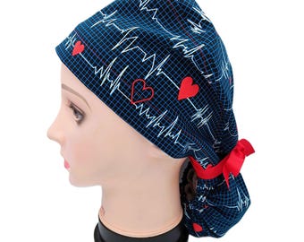Heartbeats on Black Ponytail Scrub Hat, EKG hat for Women