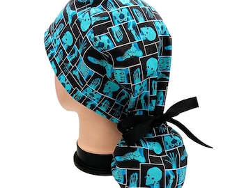 Ponytail Scrub Hats, Blue Bones Xray Images, Radiology Gift, Scrub Hats for Xray Techs, Surgical Caps with Ribbons