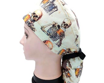 Skeletons Ponytail Scrub Hat, Operating Room Hats, Skeletons Drinking Beer, Goth Ponytail Hat