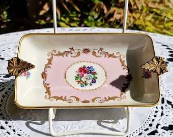 Collectible Limoges China - Vintage Trinket Tray - Fait a la Main (Hand Made) -  Floral Hand Painted Plate - Gilded Metal Leaves - Top