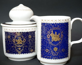 Vintage Reichenbach Sugar Bowl Creamer Set: Cobalt Blue & Gold German Porcelain