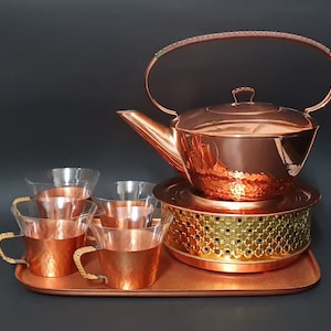 1960s Copper Teapot Set - Vintage Tea Set for 4 - German Tea Pot Set - Copper and Glass Tea Set - Vintage Gift - Mid Century Teaware