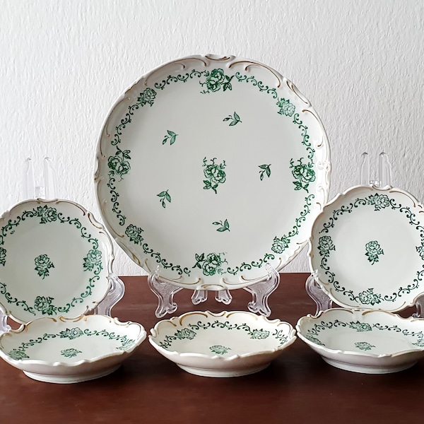 1930s Charming Cupcake Plate Set - Schierholz Plaue - Porcelaine allemande - Peint à la main - 6 pièces Serving Set - Pâtisserie Brunch Plates