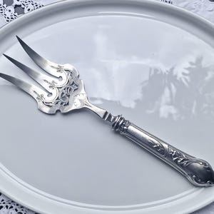 1891-1912 Antique Fish Serving Fork: Silver Handle Minerva Stamp, Art Nouveau   Ravinet Louis 28,5cm