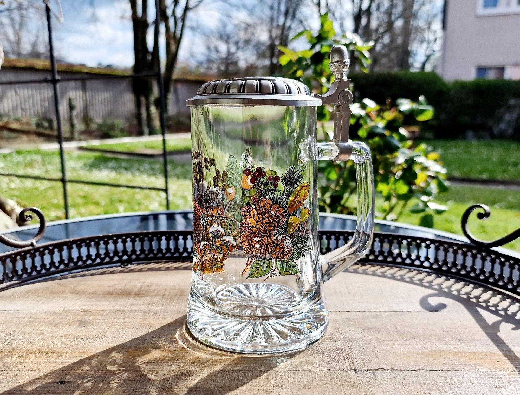Vintage German Glass Beer Mug with Pewter Lid Tankard (0,5 L