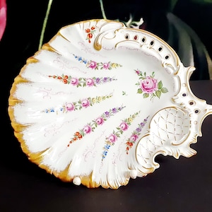 Vintage Plaue Porzellan Servierplatte: Handbemalter Muschel Teller