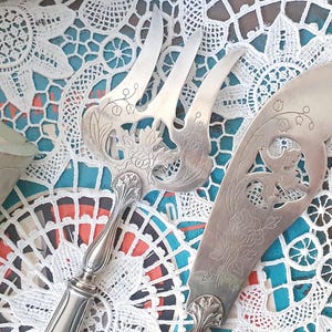 Vintage French Art Deco Fish Serving Set: Engraved Silver Plated Fork & Knife, Fish Cutlery