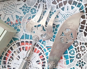 Vintage French Art Deco Fish Serving Set: Engraved Silver Plated Fork & Knife, Fish Cutlery