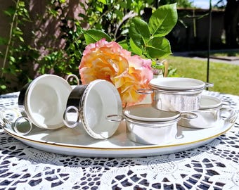1920s Limoges Porcelain Ramekins with Alwyn Silver Plated Holders - Set of 5