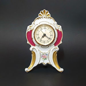 Vintage Lindner Porcelain Mantel Clock: Bavarian China, Floral Decor, Hand-Work, Table Clock, Germany