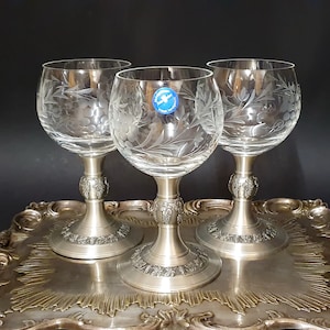 Rare German Crystal Cut Glasses - Set of 3 - Retro Wine Glass - Crystal and Pewter Wine Goblet - Crystal Cut Wine Cups - Hand Work