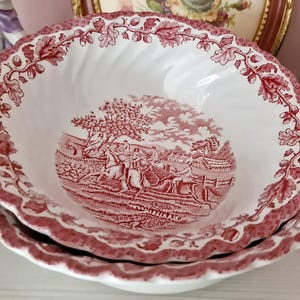 Myott Country Life Salad Bowls (Set of 2) - Staffordshire Red Transferware, Hand Engraved, England