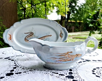 1970s Rare Limoges Hand Painted China - Fish Gravy Boat - Sea Life Sauce Boat - Made in France - Part of Big Fish Set - One of a Kind