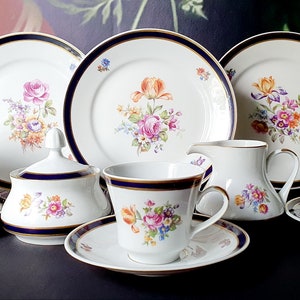 Vintage Tea Set - WEIMAR German Porcelain - Cobalt Blue Tea Set - Vintage Porcelain Tea Set for 5