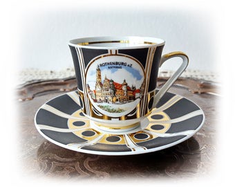 Vintage German Porcelain Cup and Saucer Collectible Demitasse Cup Bavarian China Teacup Duo Black Gold Coffee Cup and Saucer Gift for Him