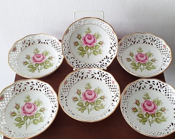 1960s Schumann Arzberg China Plates: Set of 6, Reticulated Bavarian Serving Bowls, Rose China