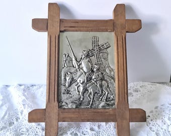 Vintage Relief Pewter Picture in Wooden Frame, Don Quixote Scene, Made in Germany