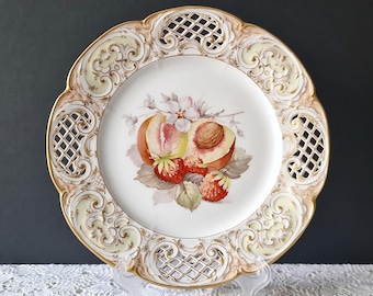 1888-1927 KPM Berlin Hand-Painted Fruit Plate #2, Pierced Porcelain, Germany