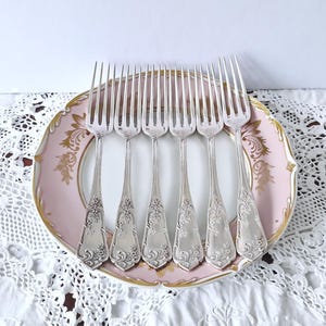 1910 Antique Boulenger Set of 6 Breakfast Forks - Silver Plated - French Flatware Silverware - Vintage Serving - 18,5cm length - Top