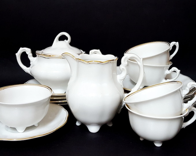 1930 1945 German Porcelain Tea Set Koenigszelt Charlotte White and Gold Vintage Tea Set Footed