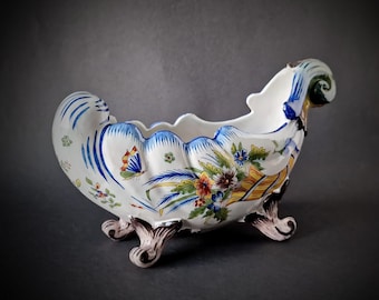 1863-1900 Franse faience desvres handgeschilderde jardinière, bloemencachepot, Fourmaintraux Courquin
