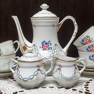 Vintage Royal Limoges Teapot Set - Louis XVI’s and his Brother&#39;s Manufacture - French Floral Tea Set for 5 -Garland and Ribbons-Wedding Gift