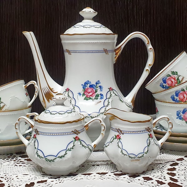 Vintage Royal Limoges Teapot Set - Louis XVI’s and his Brother's Manufacture - French Floral Tea Set for 5 -Garland and Ribbons-Wedding Gift